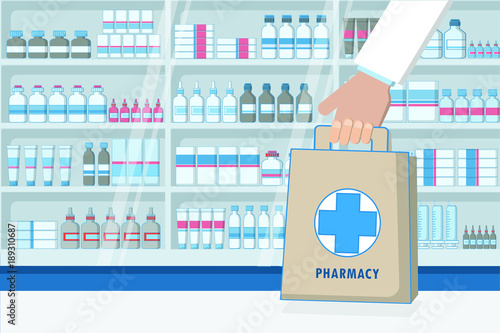 Pharmacist holding paper bag, Medicines shelves in pharmacy shop, drug store illustration vector.