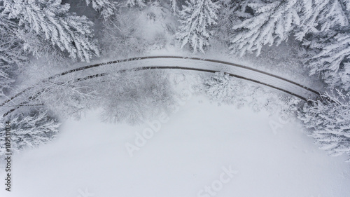 Aerial view of snow covered forest meadow. photo