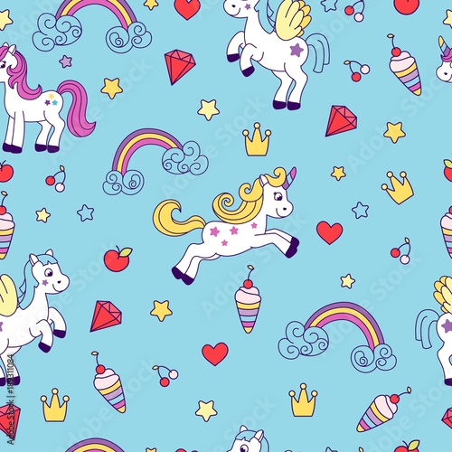 Unicorns vector collection. Pretty pony for little girls with different fairy tale's elements. Cute illustration.