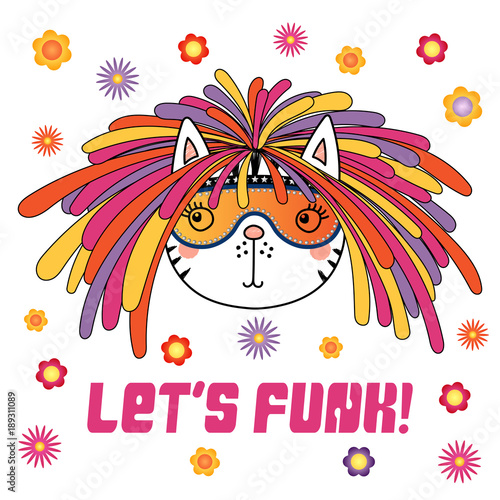 Hand drawn vector portrait of a cute funny cartoon cat with funky dreadlocks and glasses, with typography. Isolated objects. Vector illustration. Design concept for children.