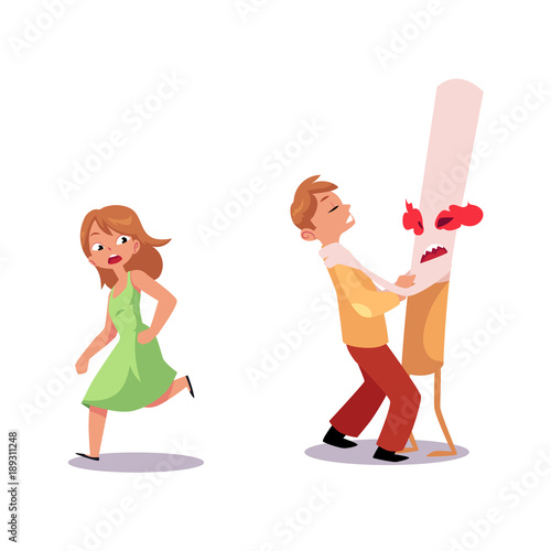 Vector flat huge evil cigarette monster character with burning eyes, legs and arms strangling male teen, girl in dress running away nicotine addiction tobacco smoking risk, threat concept illustration