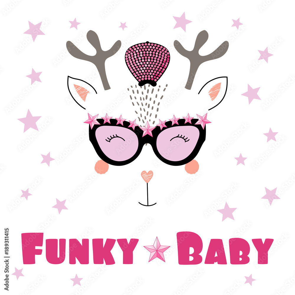 Fototapeta premium Hand drawn vector portrait of a cute funny cartoon reindeer in funky hat and glasses, with typography. Isolated objects on white background. Vector illustration. Design concept for children.