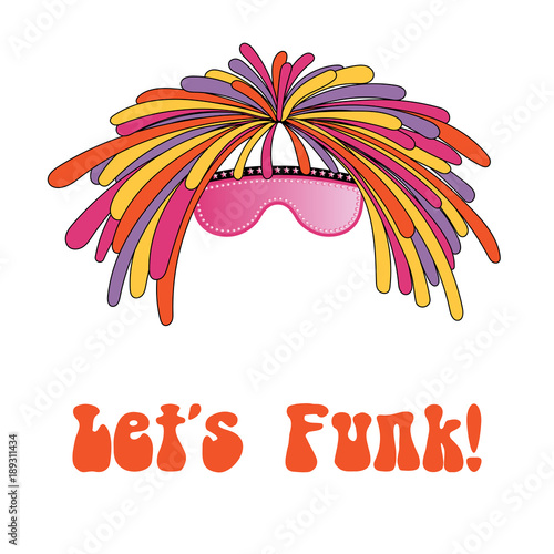 Hand drawn vector illustration of a funky dreadlocks and glasses, with text Lets funk. Isolated objects on white background. Design concept for children, music.