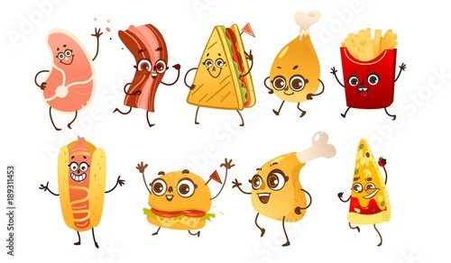Set of funny fast food characters - burger, hot dog, steak, bacon, pizza, French fries, sandwich and chicken leg, cartoon vector illustration isolated on white background. Funny fast food characters