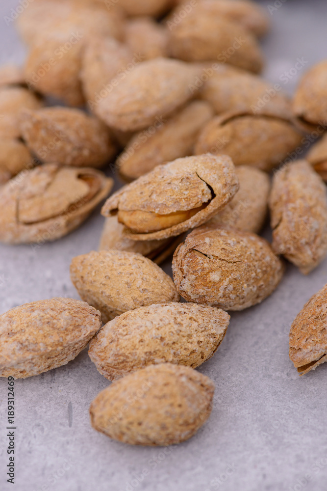 Close-up heap almonds nuts Close-up heap almonds nuts