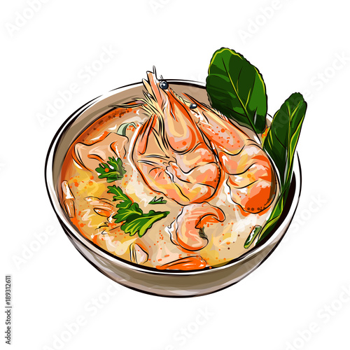 Tom yam soup Thai food with shrimps vector illustration