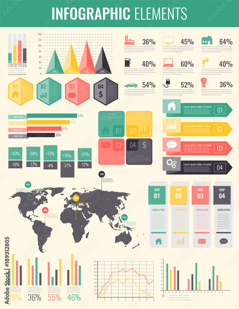Obraz premium Infographic Elements with world map and charts. Vector