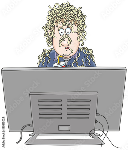 Noodles on ears of a TV viewer watching a program with fake news, a vector illustration in funny cartoon style