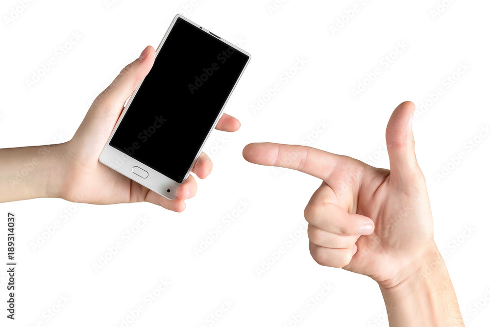 Mockup of female hand holding frameless cell phone and male hand pointing at its black empty screen at white isolated background. Mockup of female hand holding frameless cell phone and male hand pointing at its black empty screen at white isolated background.