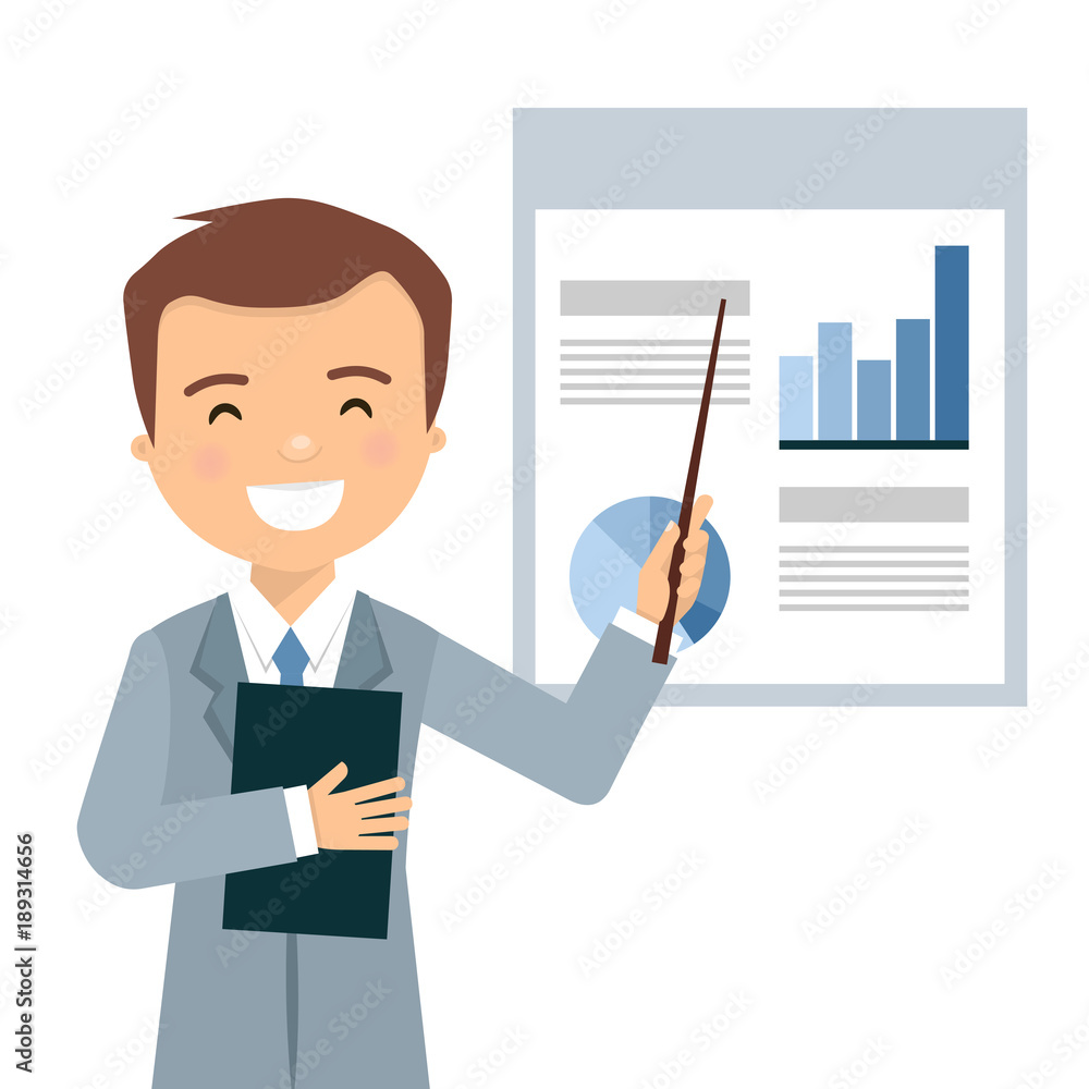 Smiling businessman in a business presentation with statistics Smiling businessman in a business presentation with statistics
