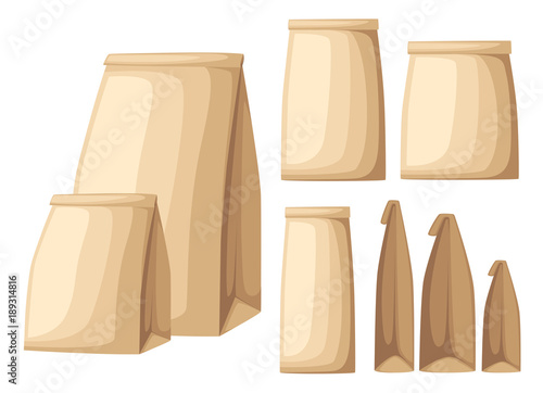 Collection of brown recycled eco paper bag side view and front view flat vector illustration on white background web site page and mobile app design