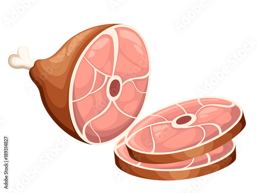 Smoked meat product ham with bone and two slices flat vector illustration on white background web site page and mobile app design