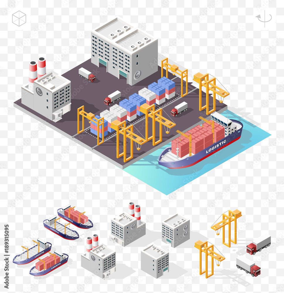 Set of Isolated High Quality Isometric City Elements . Harbor with Shadows on Transparent Background