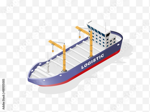 Set of Isolated High Quality Isometric City Elements . Container Ship with Shadows on Transparent Background