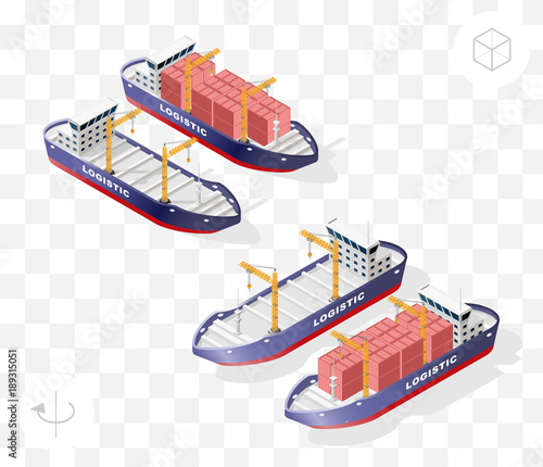 Set of Isolated High Quality Isometric City Elements . Container Ship with Shadows on Transparent Background