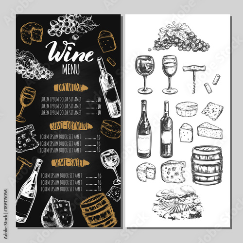 Wine Restaurant Menu. Design template includes different Vector hand drawn illustrations and Brushpen Modern Calligraphy.