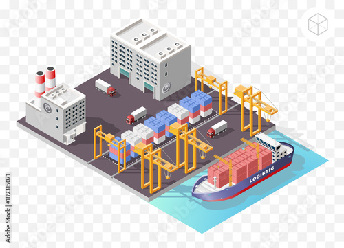 Set of Isolated High Quality Isometric City Elements . Harbor with Shadows on Transparent Background