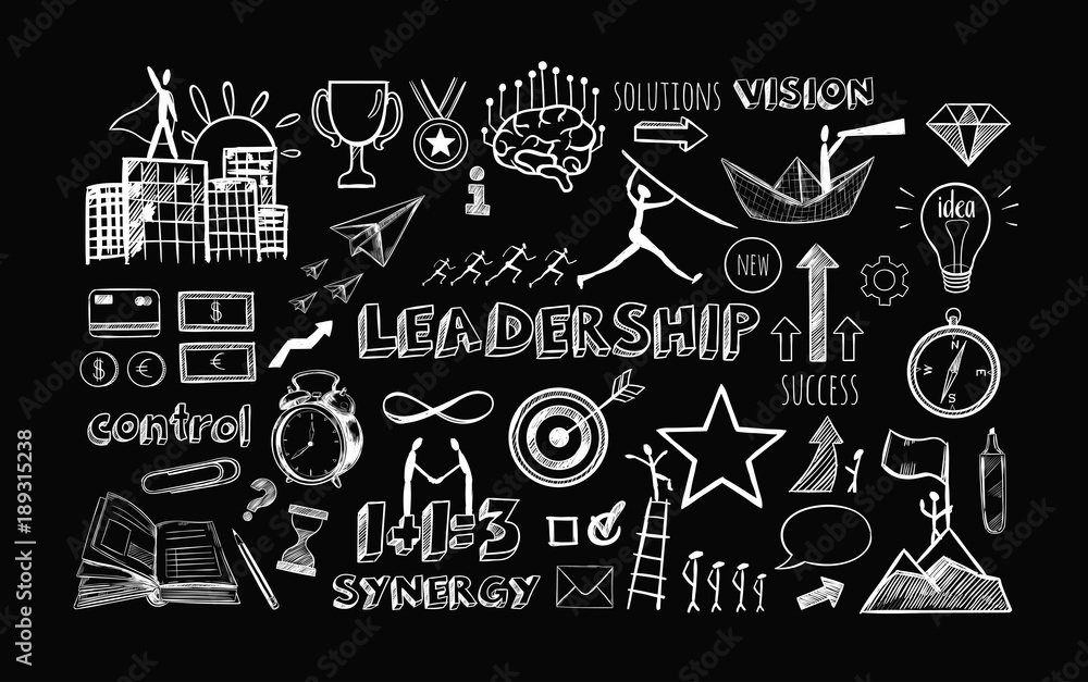 Leadership. Set of Business Icons. Vector hand drawn isolated objects. Sketch style