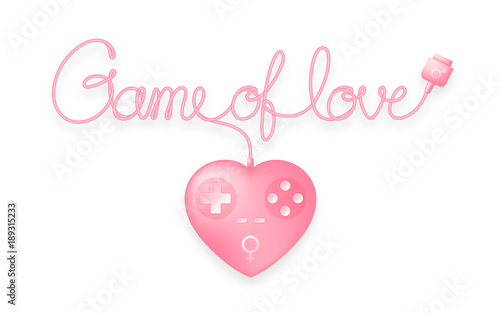Gamepad or joypad heart shape pink color with male, female gender symbol and Game of love text made from cable, valentine concept design illustration isolated on white background, with copy space