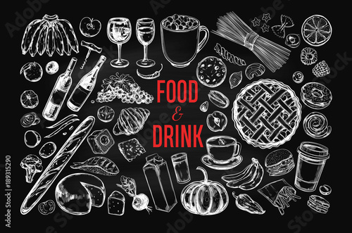 Food and Drink vector big set on Chalkboard. Isolated objects in sketch style.