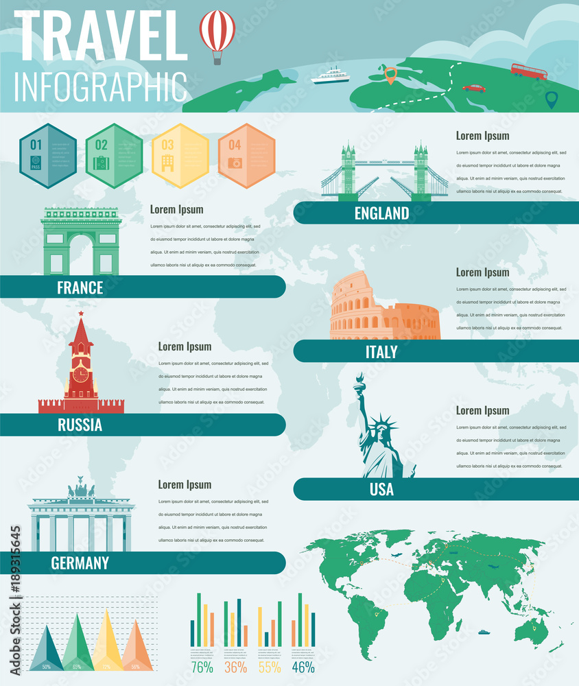 Travel and Tourism Infographic set with famous world landmarks, charts and maps. Vector Travel and Tourism Infographic set with famous world landmarks, charts and maps. Vector