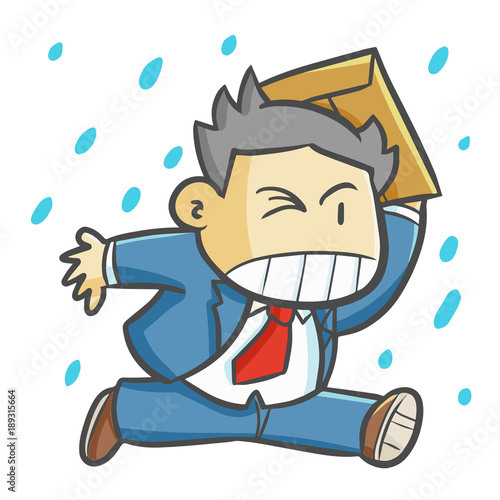 Cute and funny businessman get hurry running on the rain - vector.