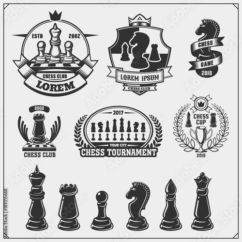Set of labels, emblems, icons and signs for chess tournament. Vector illustration.