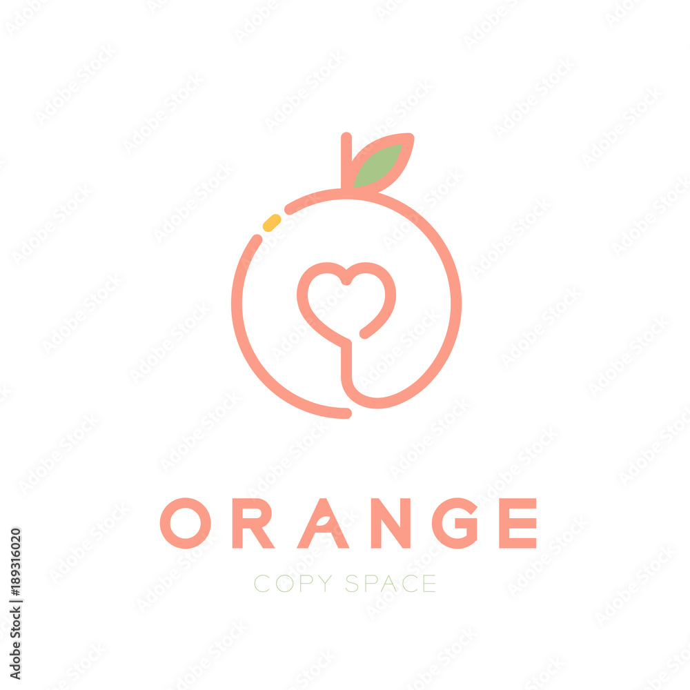 Orange fruit with heart logo icon outline stroke set design illustration isolated on green background with Orange text and copy space, vector eps10 Orange fruit with heart logo icon outline stroke set design illustration isolated on green background with Orange text and copy space, vector eps10