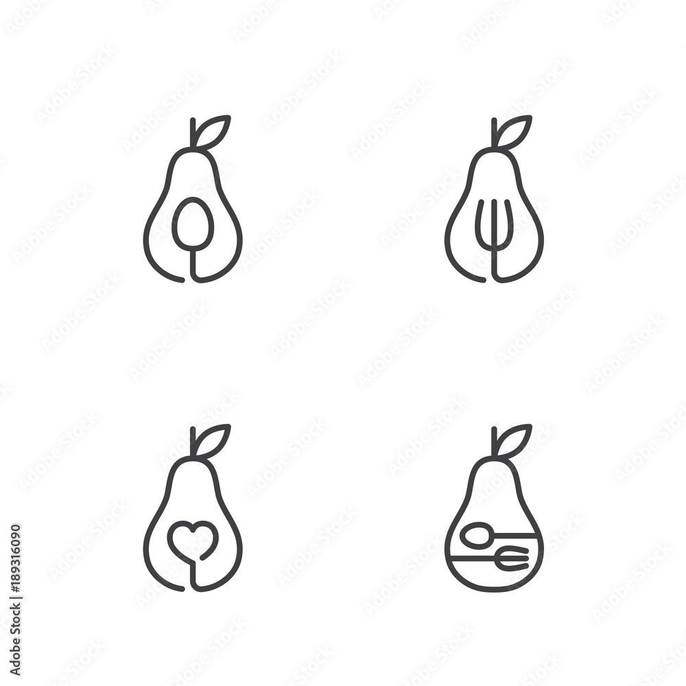 Pear fruit icons outline stroke set design illustration black and white color isolated on white background, vector eps10 Pear fruit icons outline stroke set design illustration black and white color isolated on white background, vector eps10