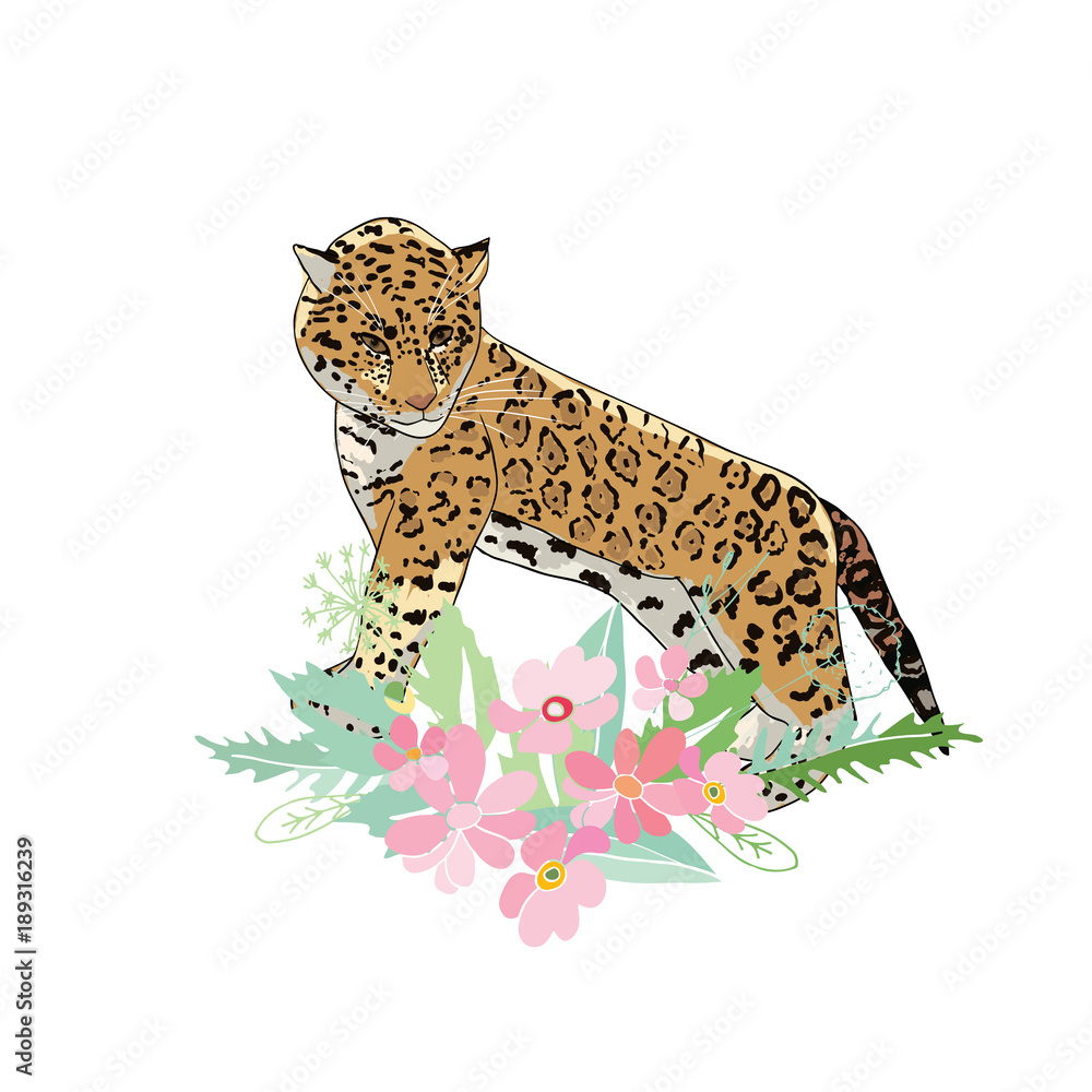Naklejka premium Retro style Illustration with flowers and animal