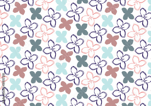 Hand drawn lilac flower vector pattern in blue, pink and gray color palette