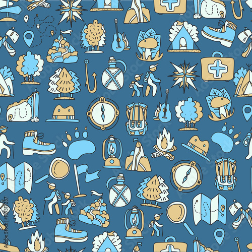 Hiking and trekking travel seamless pattern. Endless repeatable background with cartooning traveling elements about camping, vacation and wild life. Woods, forest and outdoor adventure background