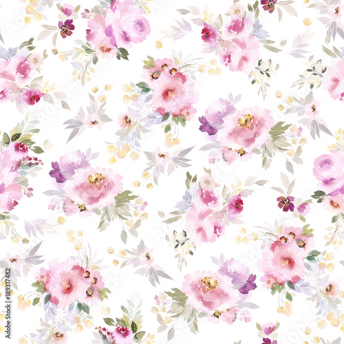 Seamless summer pattern with watercolor flowers handmade.