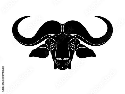 Graphic print of drawn buffalo head. Silhouette on white background.
