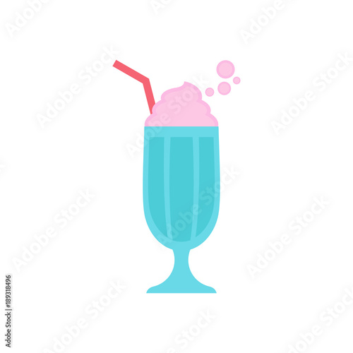 Milkshake vector Illustration. Pink cream in glass with straw. Flat Design