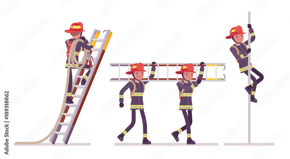Naklejka premium Young male firefighter at ladder and pole