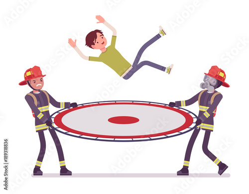 Young male firefighters with life net