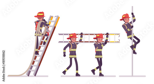 Young male firefighter at ladder and pole