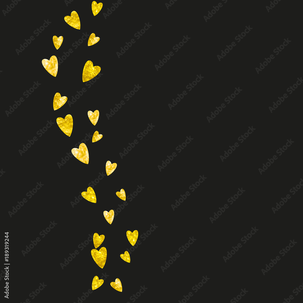 Valentines day heart with gold glitter sparkles. February 14th day. Vector confetti for valentines day heart template. Grunge hand drawn texture. Love theme for poster, gift certificate, banner.