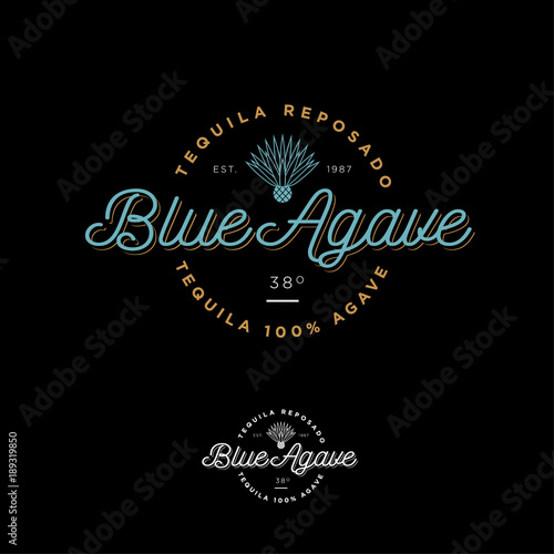 Blue agave tequila logo. Emblem for the label. Beautiful letters and an agave icon on a dark background.