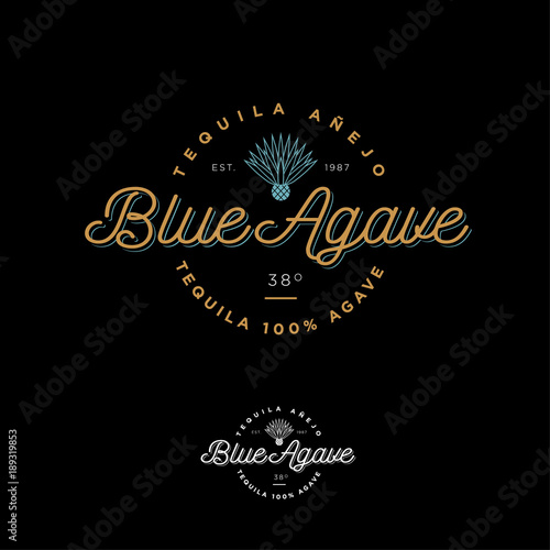 Blue agave tequila logo. Emblem for the label. Beautiful letters and an agave icon on a dark background.