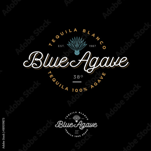 Blue agave tequila logo. Emblem for the label. Beautiful letters and an agave icon on a dark background.