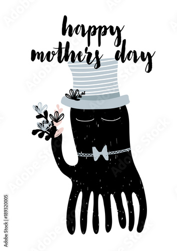 Card with calligraphy lettering happy mothers day and cute octopus with bouqet of flowers. Vector illustration photo