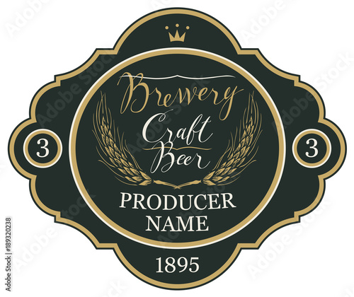 Template beer label with wheat ears, crown and handwritten inscriptions in figured frame. Vector label for craft beer and brewery on black background in retro style