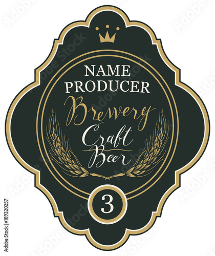 Template beer label with wheat ears, crown and handwritten inscriptions in figured frame. Vector label for craft beer and brewery on black background in retro style