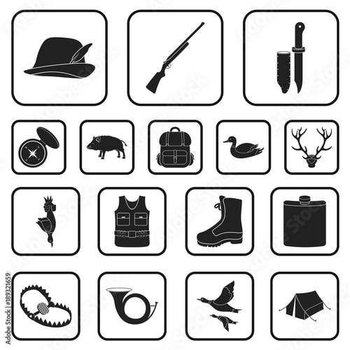 Hunting and trophy black icons in set collection for design. Hunting and equipment vector symbol stock web illustration.