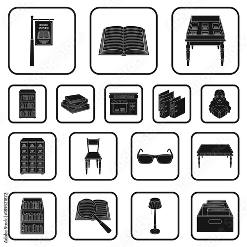 Library and bookstore black icons in set collection for design. Books and furnishings vector symbol stock web illustration.