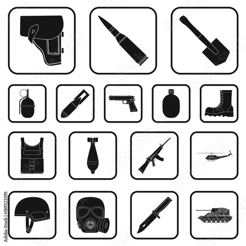 Army and armament black icons in set collection for design. Weapons and equipment vector symbol stock web illustration.