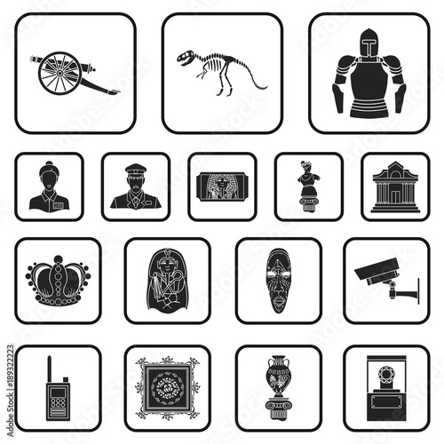 Museum and gallery black icons in set collection for design. Storage and exhibition of showpiece vector symbol stock web illustration.