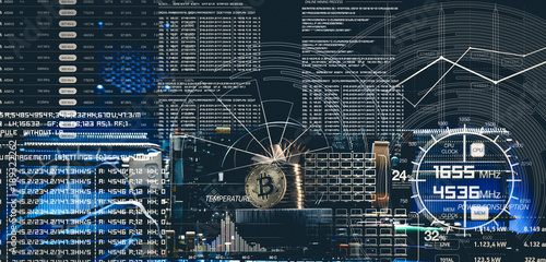 Bitcoin mining. Device for mining cryptocurrency. Machines for mining cryptocurrency. Computer circuit computer board. Double exposure business concept